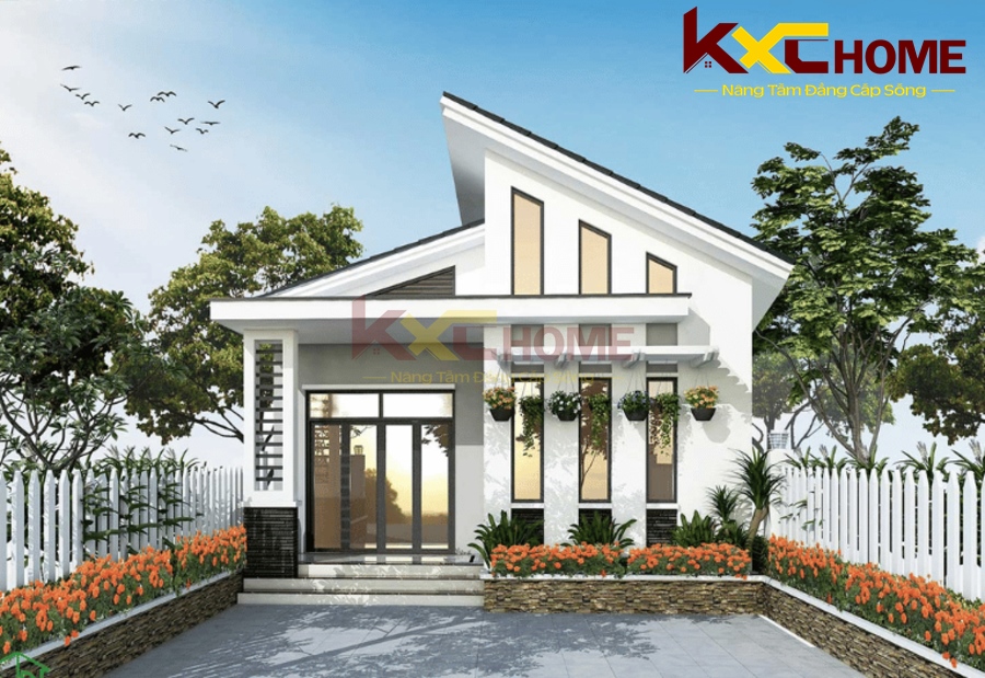 Mẫu nhà vườn mái lệch đẹp có gác lửng