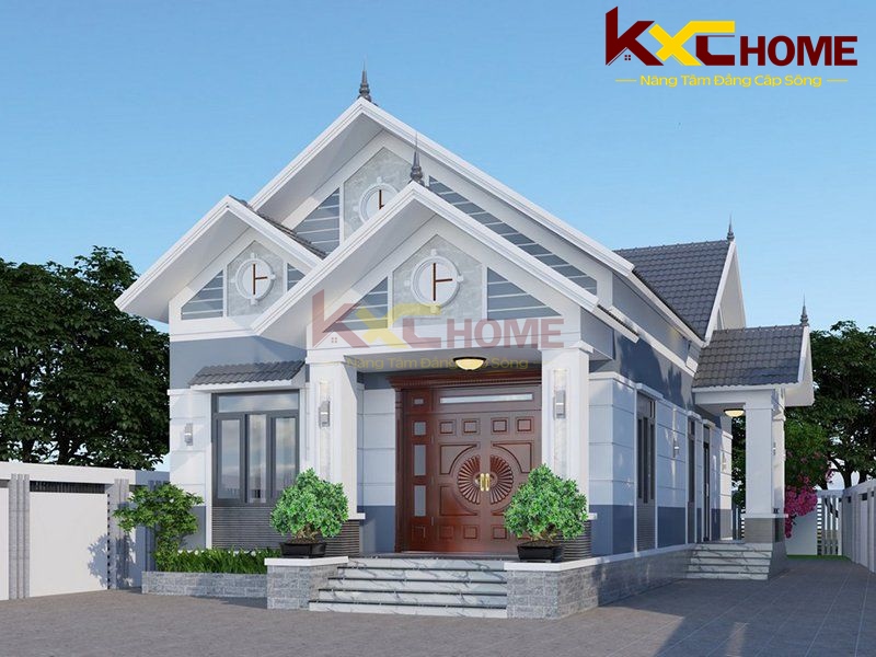 Vẫn là mái Thái và 2 sảnh nhưng kiến trúc mặt tiền nhấn nhá khác nhau hệ mái giật cấp đẹp mắt